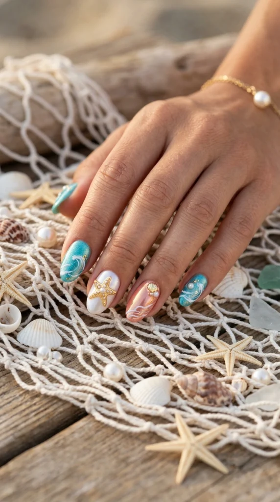 Close-up of ocean-inspired almond nails with tiny starfish nail art and coastal details.