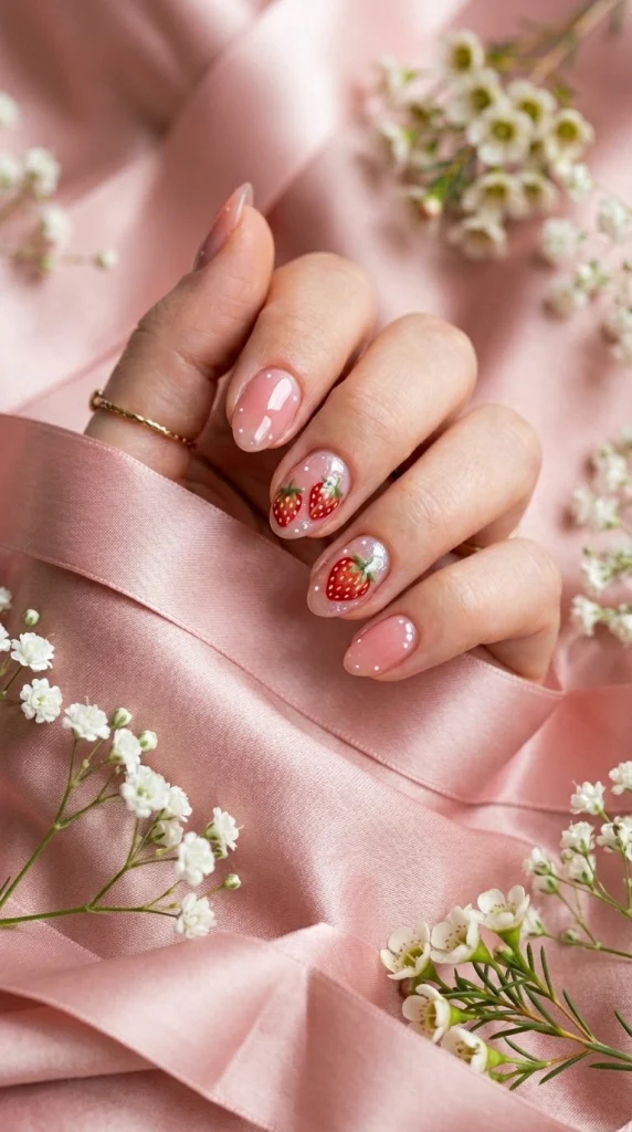 Close-up of sheer pink almond nails with tiny hand-painted strawberry accents.