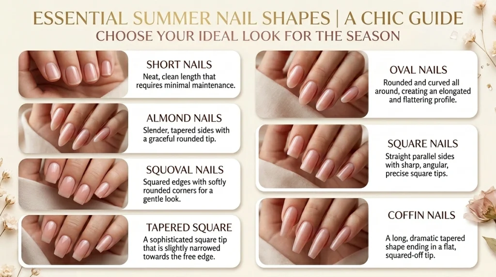 Infographic comparing short, almond, coffin, square, oval, squoval, and tapered square nail shapes.