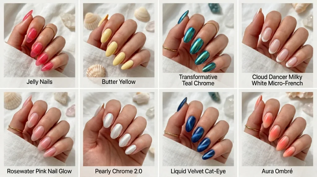 Editorial collage showing the top summer nail trends for 2026 including jelly nails, butter yellow, teal chrome, milky white French tips, rosewater pink, and aura ombré designs.