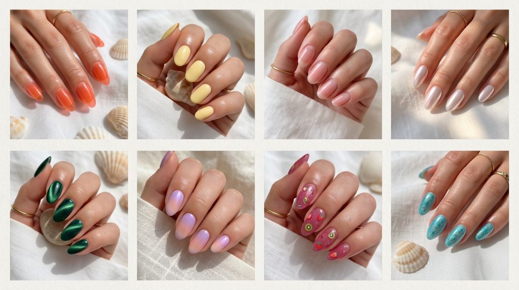 Collage showing the hottest summer nail trends 2026 including jelly nails, butter yellow, rosewater pink, chrome nails, cat-eye velvet, and aura ombré.