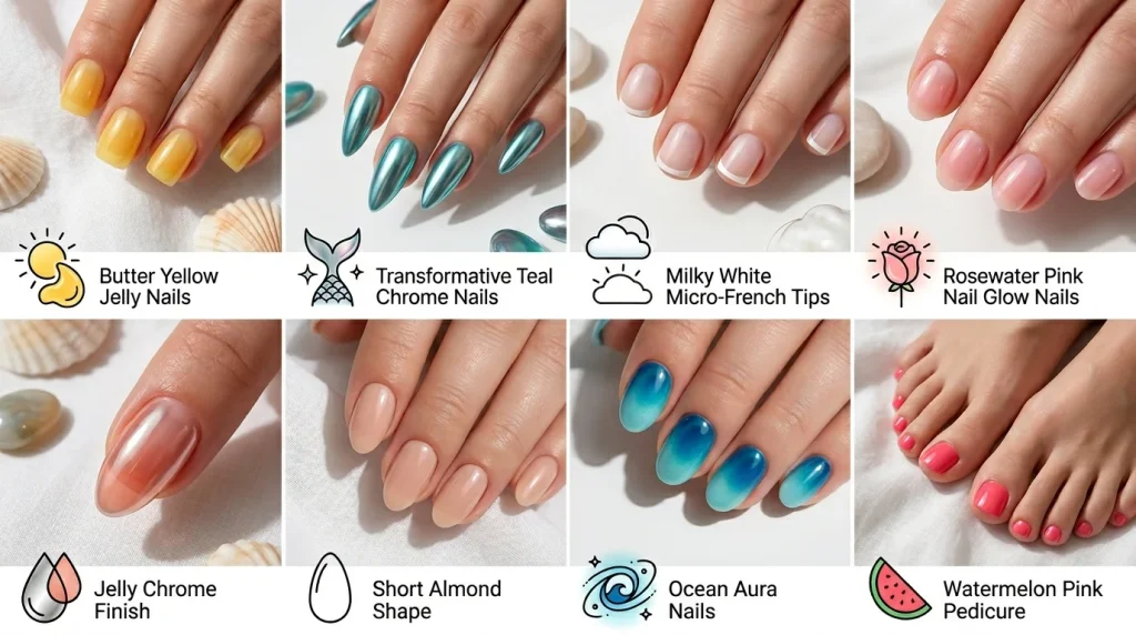 Trend overview image showing the top summer nail trends for 2026 including butter yellow, teal chrome, rosewater pink, milky white French tips, and short almond nails.