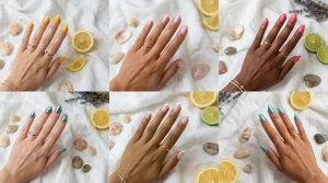 Collage of six hands showing trending summer nails 2026 including butter yellow, rosewater pink, teal chrome, milky white French tips, and mermaid-inspired designs.
