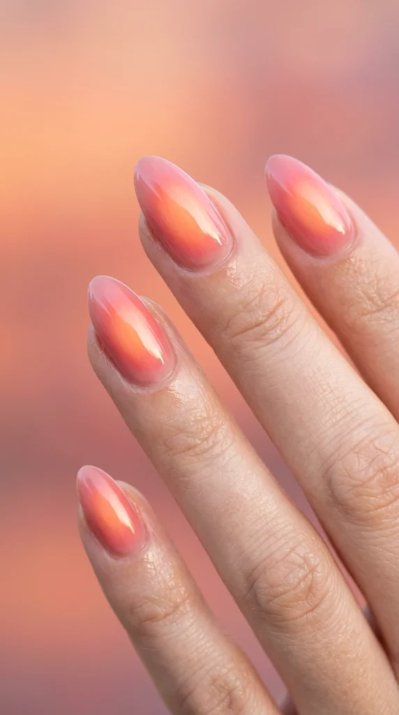 Close-up of sunset aura almond nails blending peach, coral, and pink.