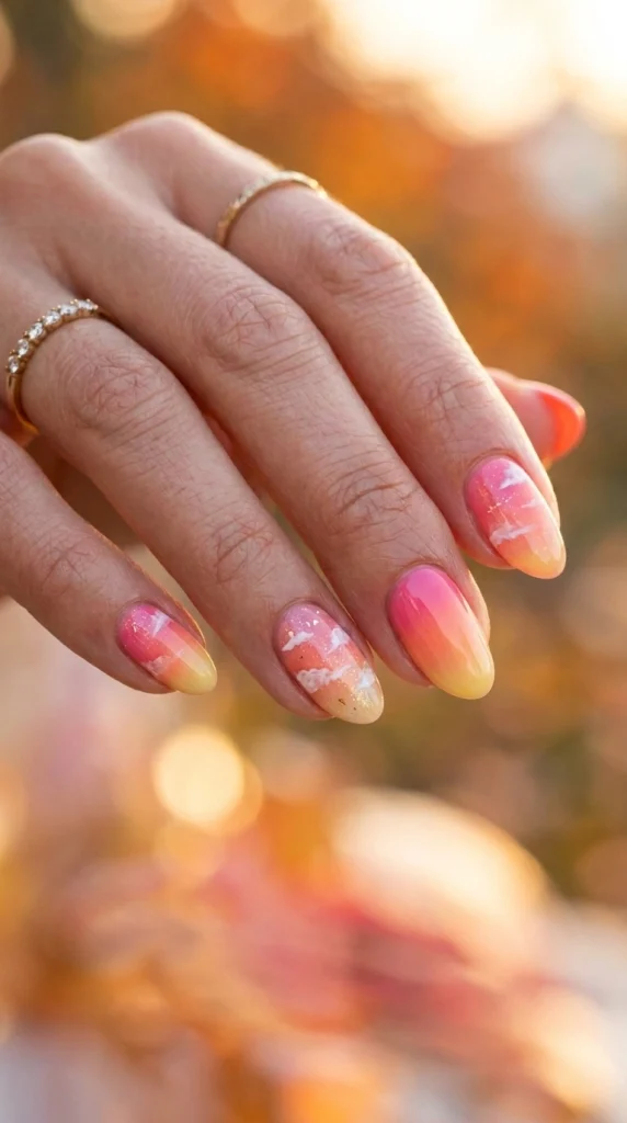 Close-up of sunset gradient ombré almond nails blending peach, coral, and pink shades.