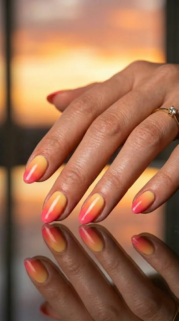 Close-up of sunset ombré almond nails blending yellow, peach, coral, and pink shades for summer 2026.