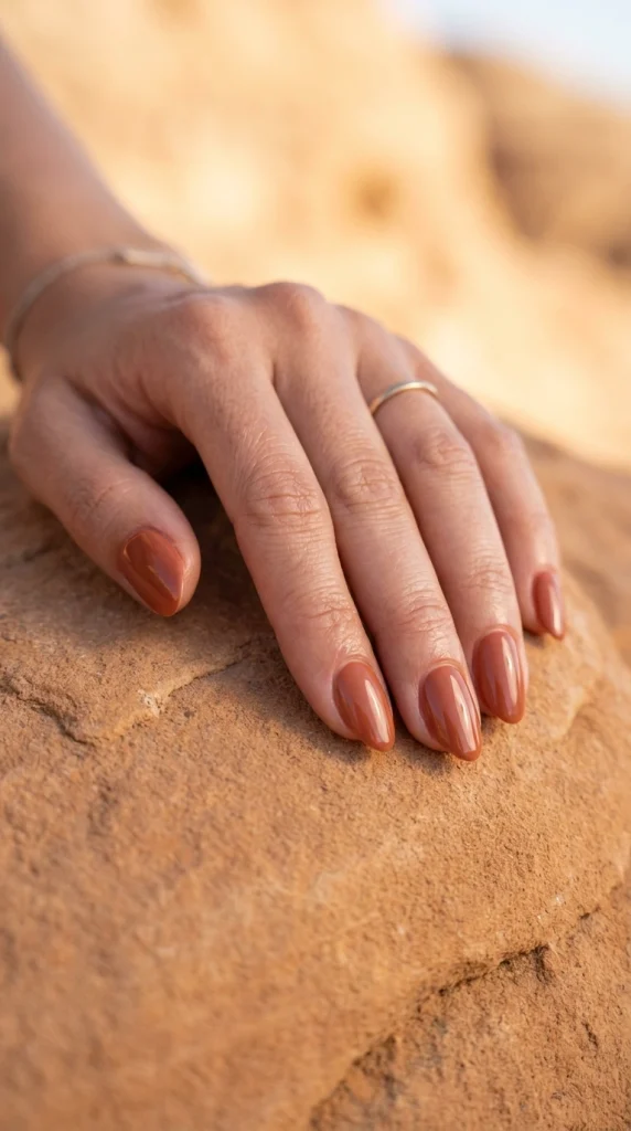 Close-up of glossy terracotta almond nails, a warm earthy clay-toned unexpected summer nail color for 2026.