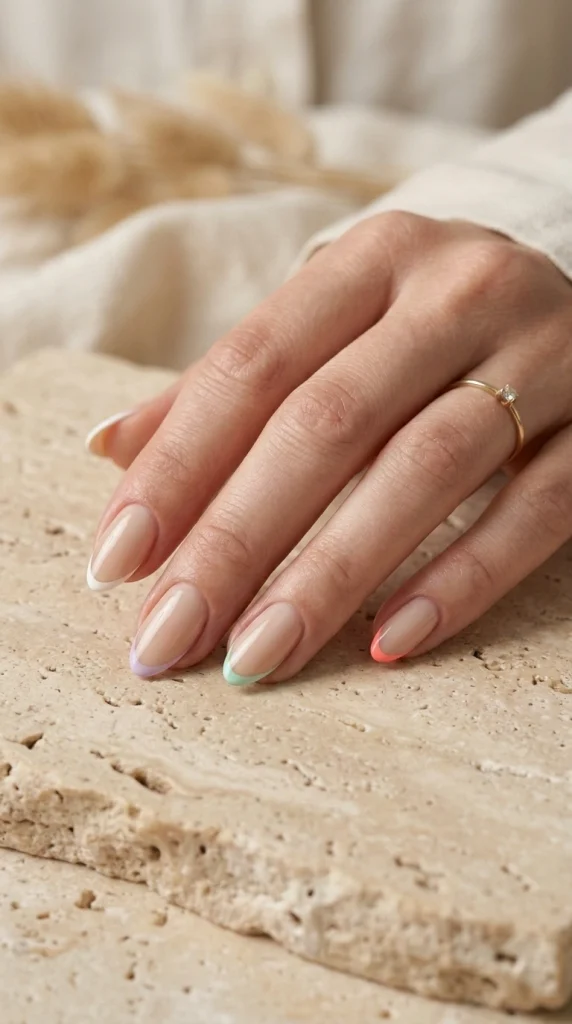 Close-up of sheer nude almond nails with ultra-thin white French tips.