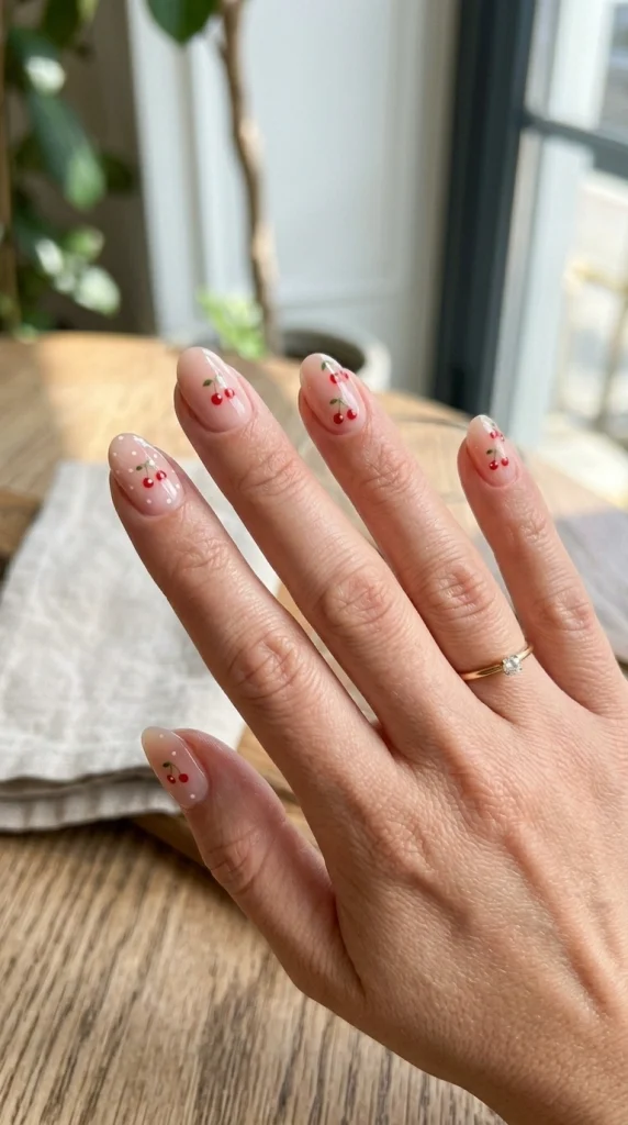 Close-up of glossy nude almond nails with miniature cherry nail art.