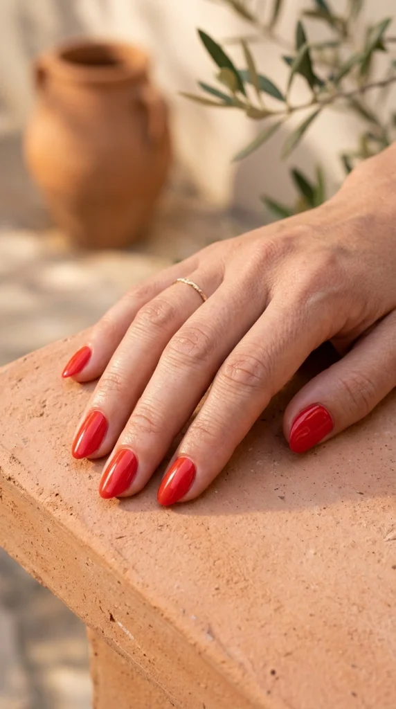 Close-up of glossy tomato red almond nails, a chic orange-red summer nail color for 2026.