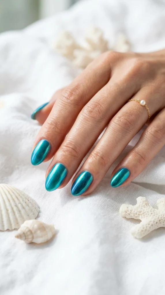 Close-up of glossy transformative teal chrome almond nails, a trending ocean-inspired summer nail color for 2026.