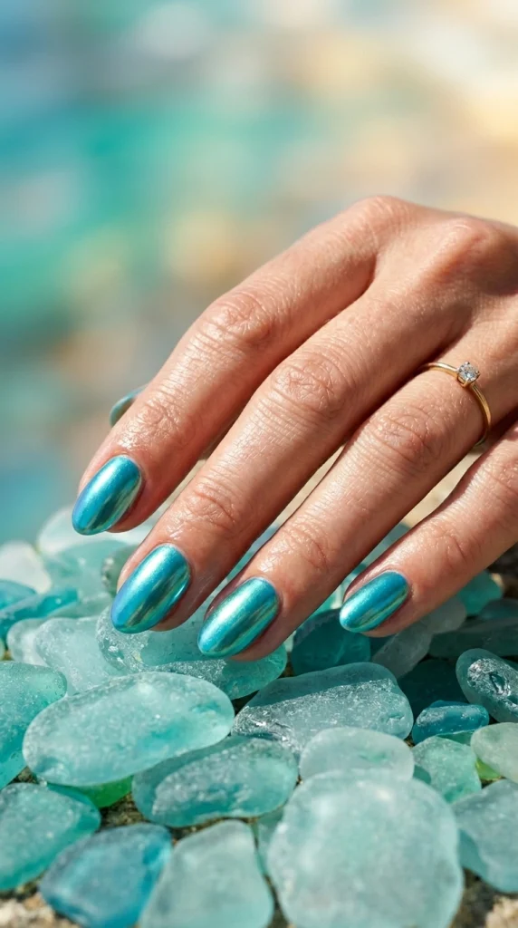 Close-up of glossy transformative teal chrome almond nails, an ocean-inspired trending summer nail color for 2026.