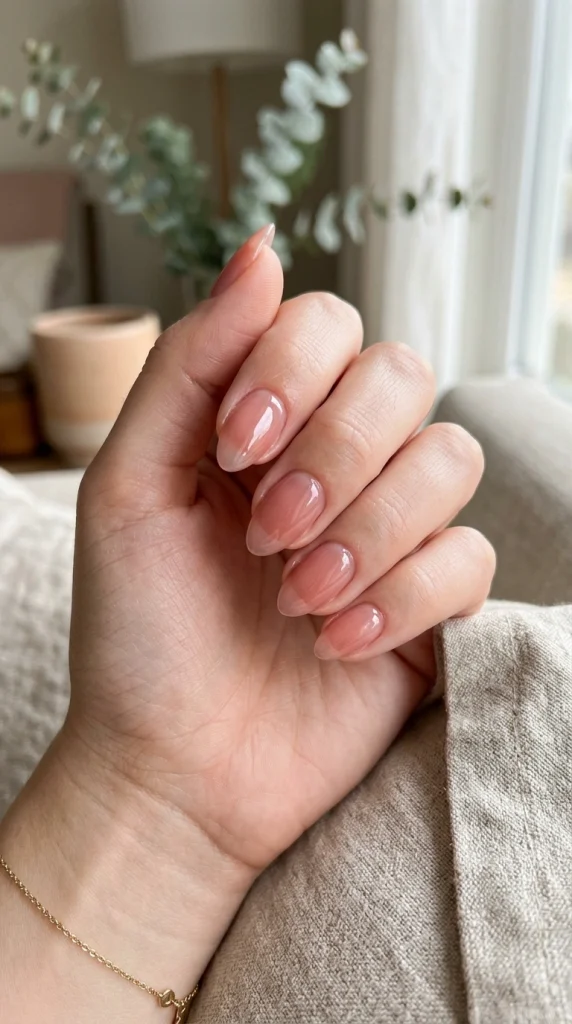Close-up of translucent jelly pink almond nails with a glossy glass-like finish.
