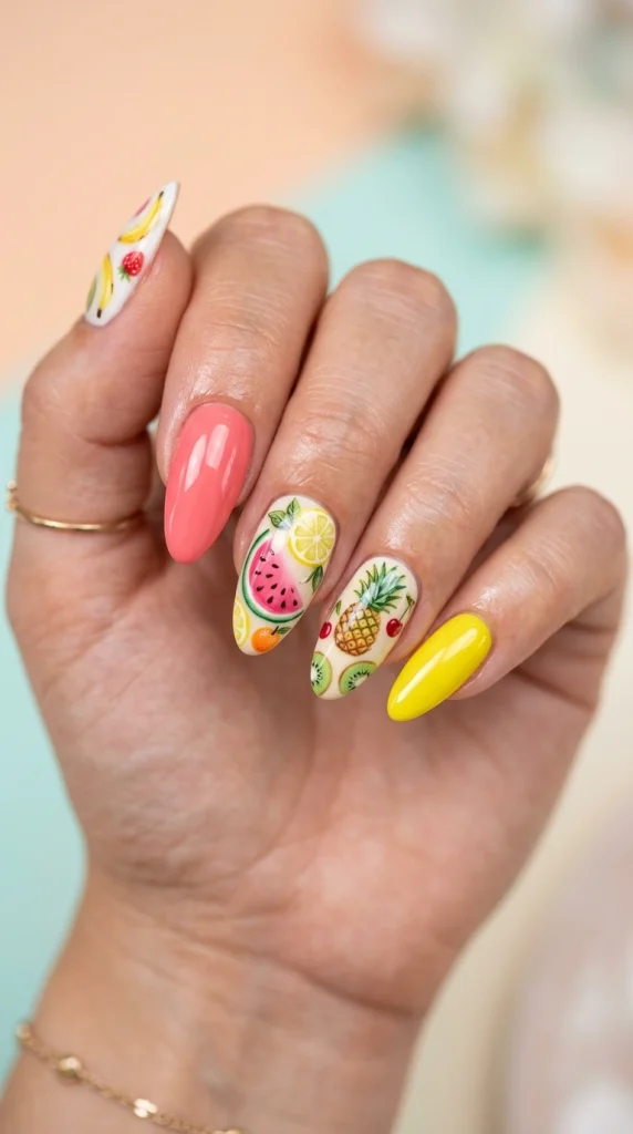 Close-up of tropical fruit nail art featuring watermelon, lemon, pineapple, and citrus details.