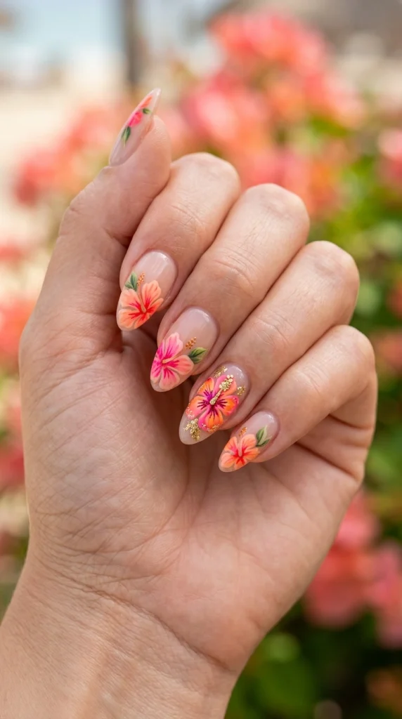 Close-up of tropical hibiscus nail art with bold pink and coral flowers on almond nails.