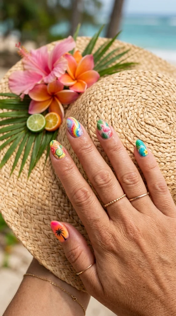 Close-up of tropical rainbow almond nails featuring vivid summer colors and playful island-inspired nail art.