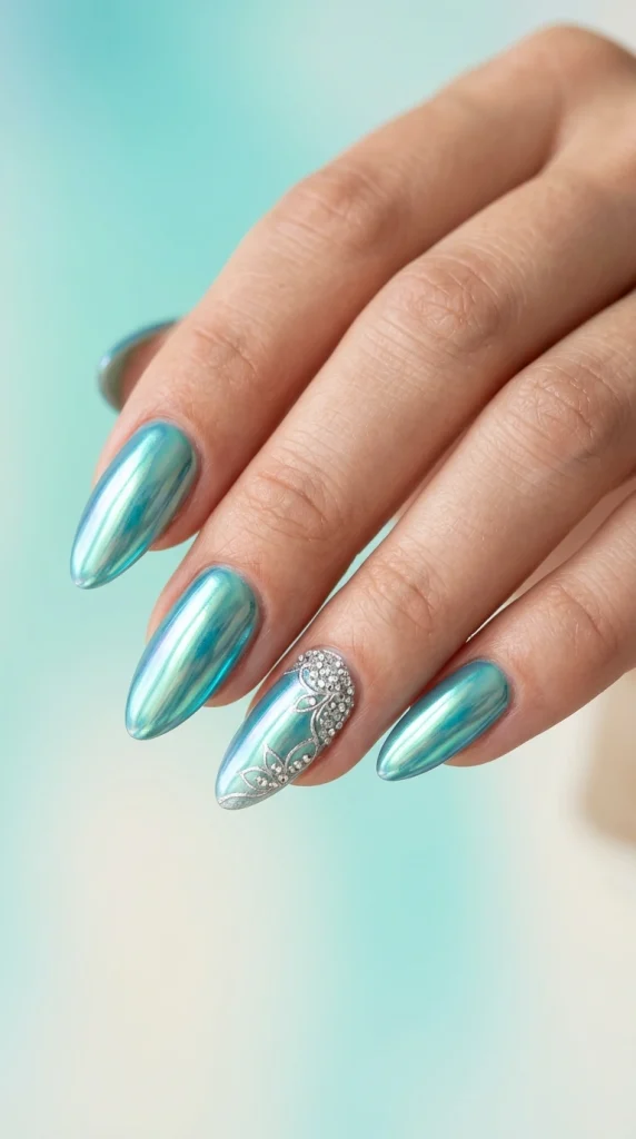 Close-up of reflective turquoise chrome almond nails with an ocean-inspired finish.