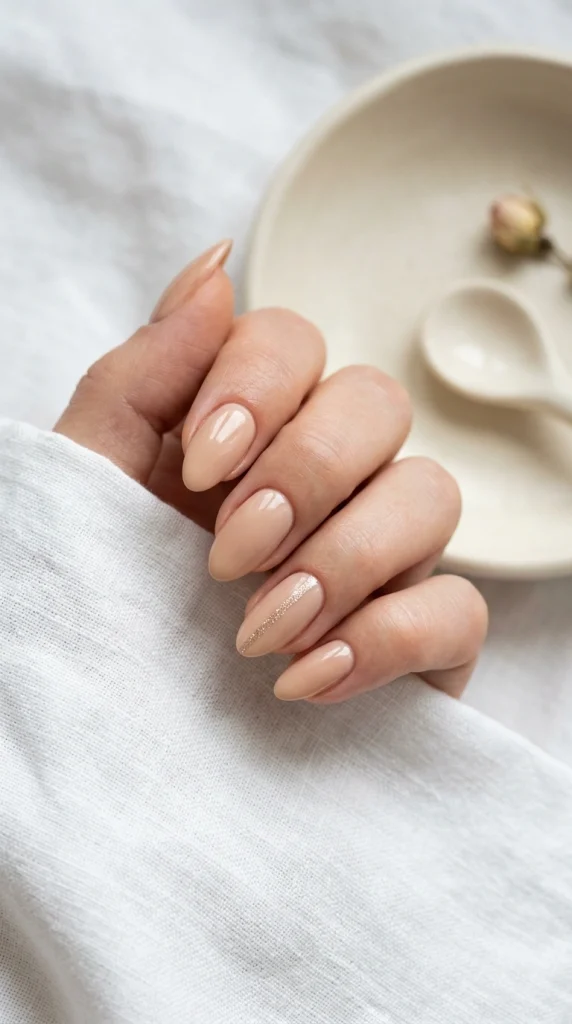 Close-up of creamy vanilla nude almond nails with a soft elegant finish.