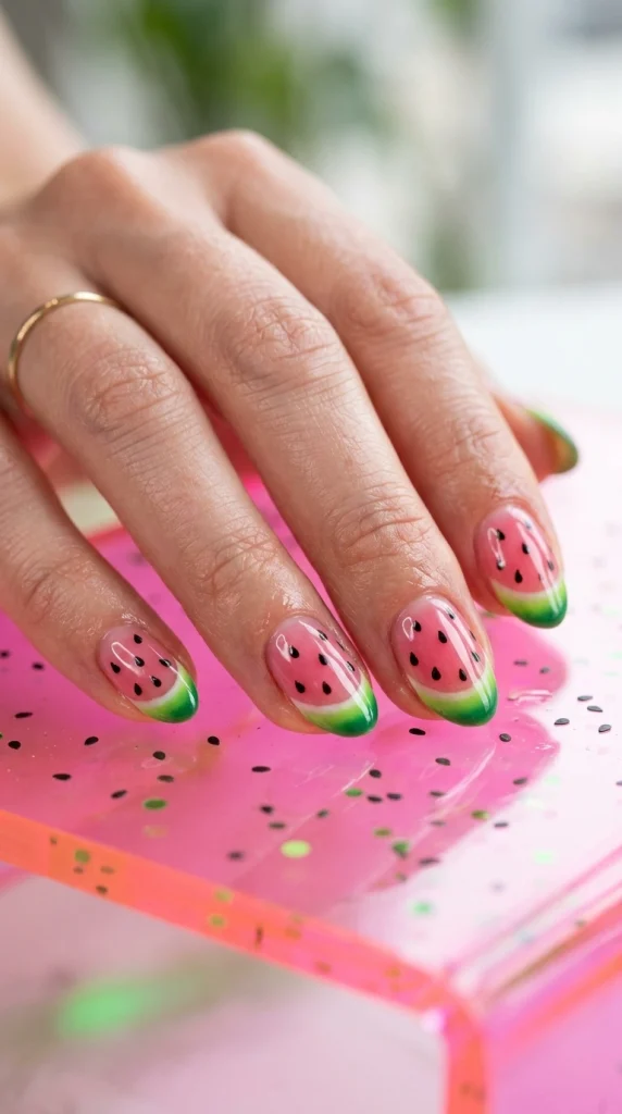 Close-up of watermelon nail art with pink, green, and black seed details on almond nails.