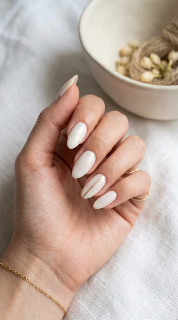Close-up of creamy off-white almond nails inspired by crisp white linen.