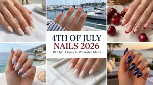Luxury editorial collage featuring six modern 4th of July nails designs for 2026 with a quiet luxury coastal summer aesthetic.