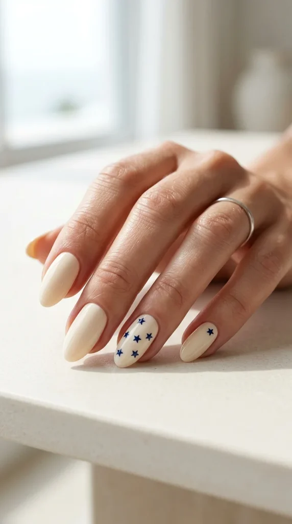 Warm buttercream almond nails with tiny navy stars for a classy and subtle 4th of July manicure in 2026.