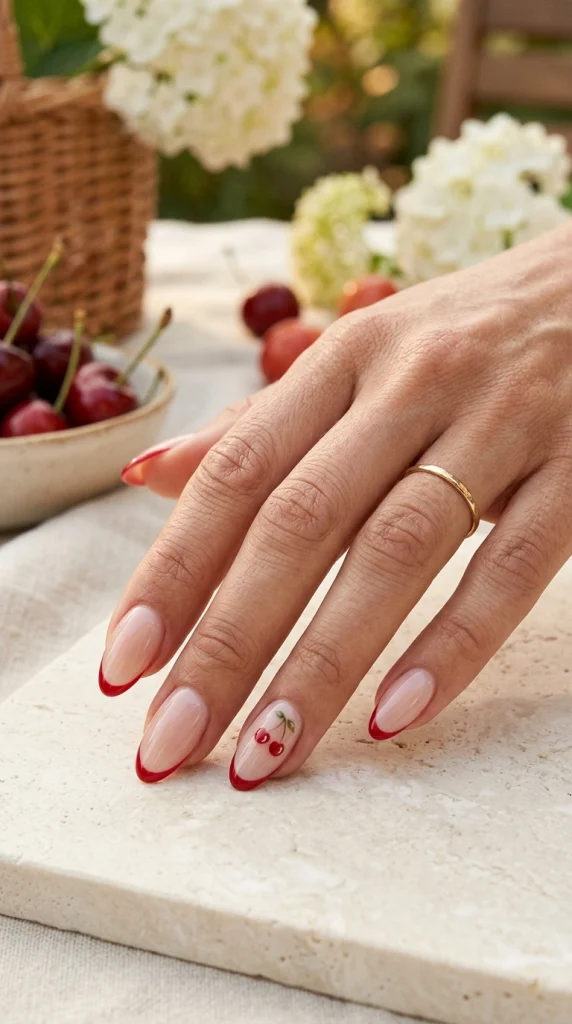 Cherry red French tip almond nails with a tiny cherry accent in an elegant summer picnic setting.