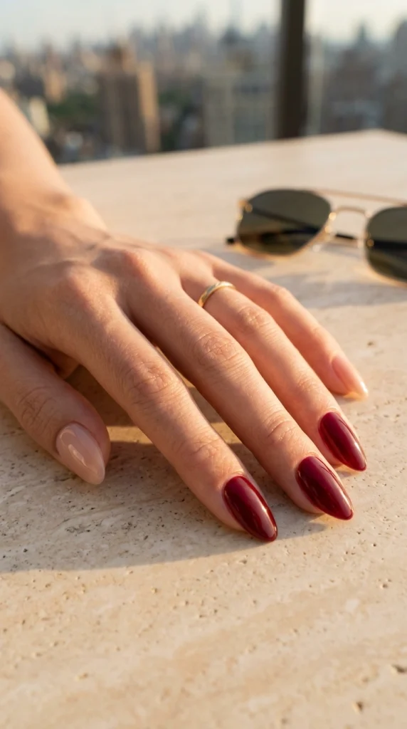 Glossy nude almond nails with deep cherry red accent nails for a classy and wearable patriotic manicure.