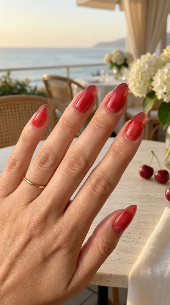 Glossy cherry red jelly almond nails with a translucent glass-like finish in a luxury coastal summer setting.