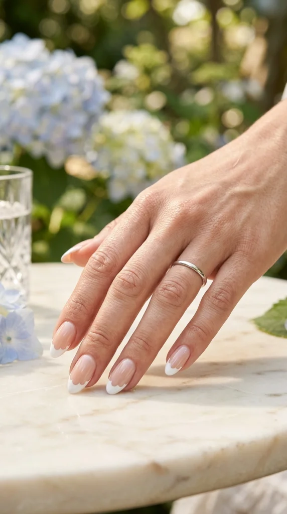 Cloud white scalloped French tip almond nails with a soft romantic summer garden aesthetic.