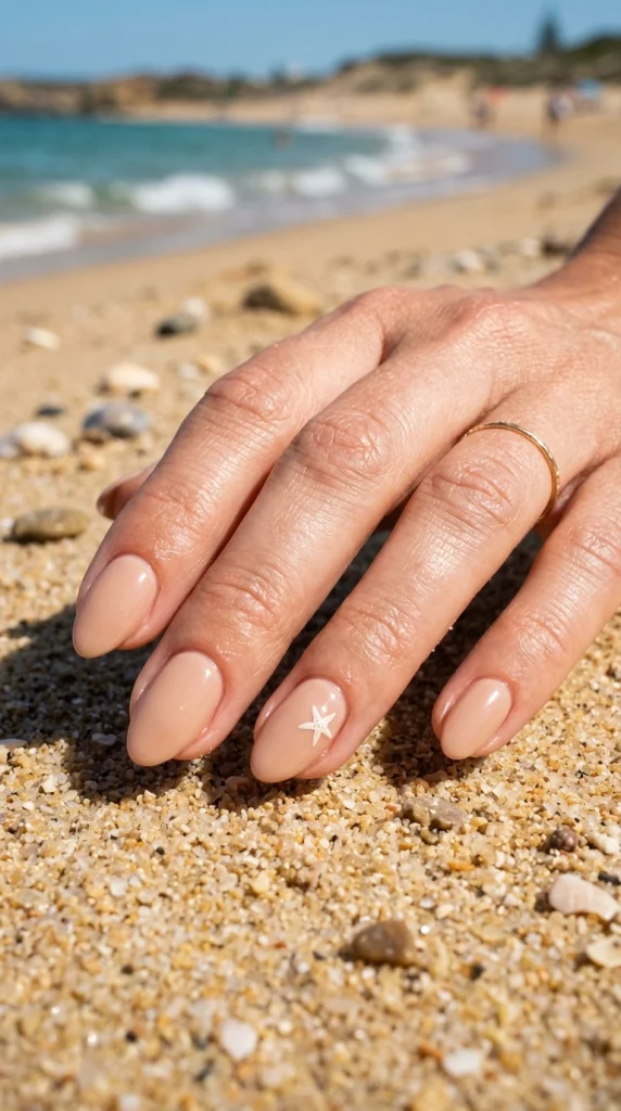 Short almond nails with a sandy nude manicure and a delicate starfish accent nail.