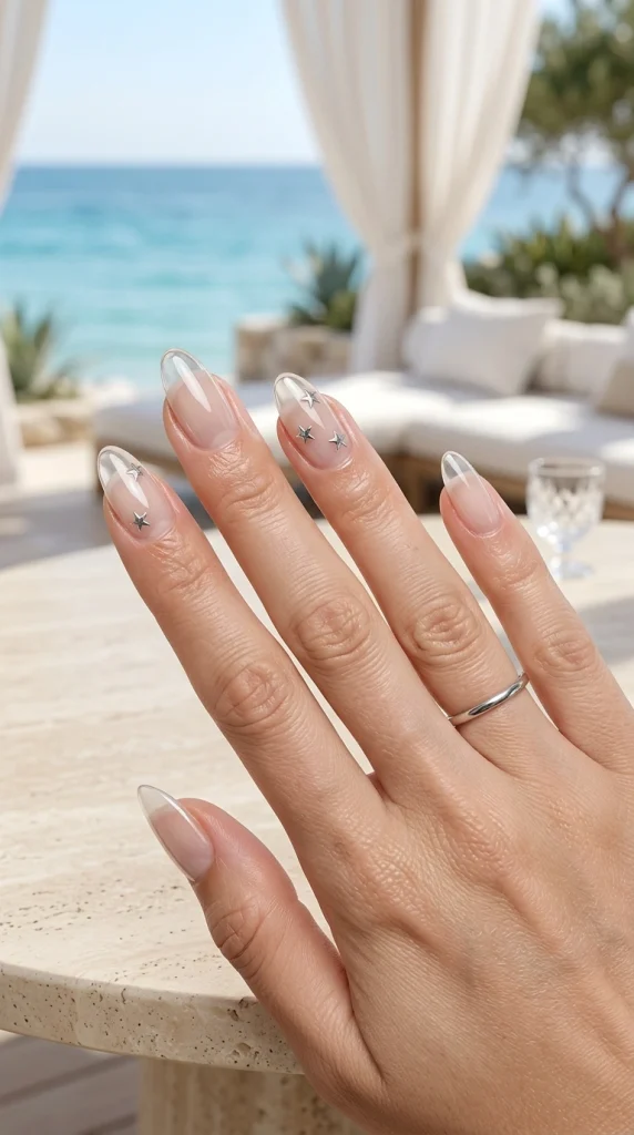 Crystal-clear glass almond nails with tiny embedded silver star accents in a luxury coastal resort setting.