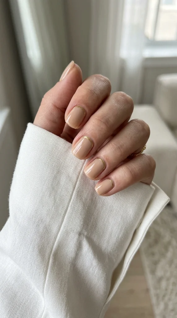 Short squoval nails with metallic gold reverse micro French detailing styled in a fashion-inspired setting.