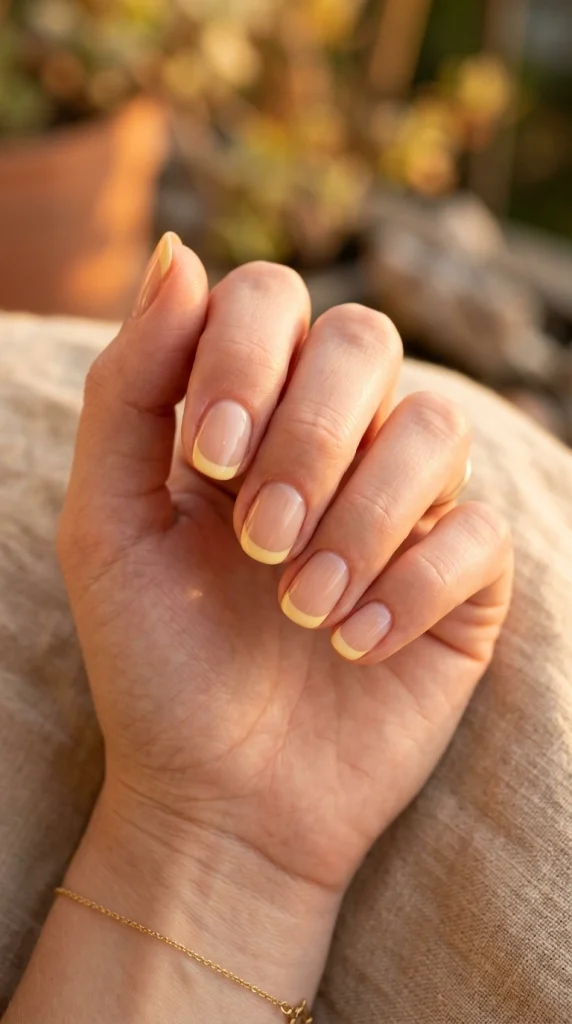 hort rounded nails with pastel butter yellow French tips