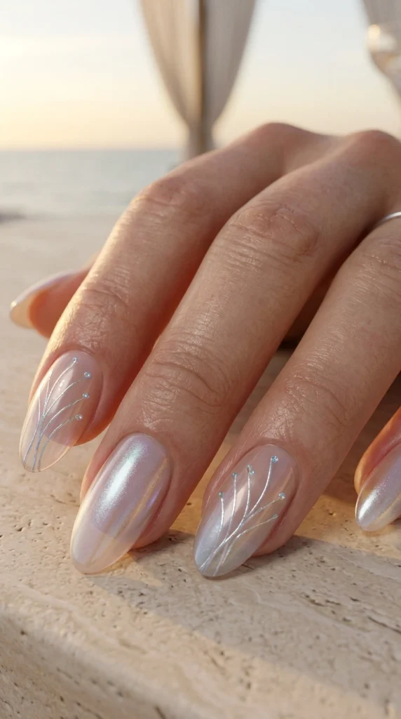 Iridescent firework nails with a sheer nude jelly base and delicate holographic shimmer for a modern patriotic summer manicure.