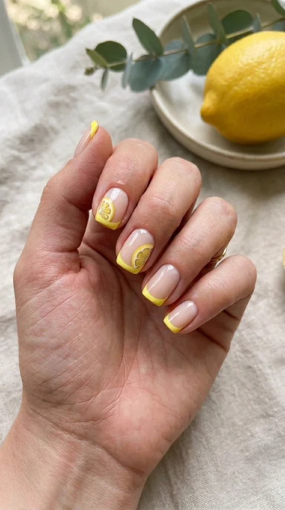 Short squoval nails with glossy lemon-yellow French tips on a milky nude base.