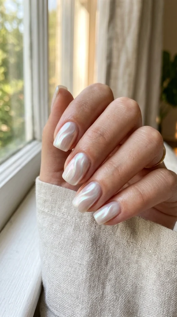Short squoval nails with a translucent mother-of-pearl manicure illuminated by soft natural light.