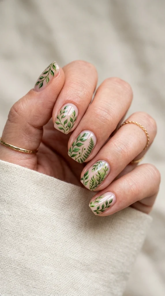 Short squoval nails with realistic hand-painted botanical leaf artwork and glossy finish.