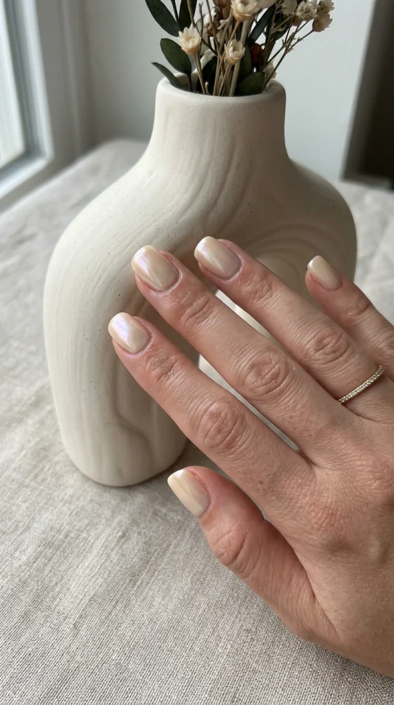 Short squoval nails with a glazed vanilla chrome manicure and elegant reflective finish.