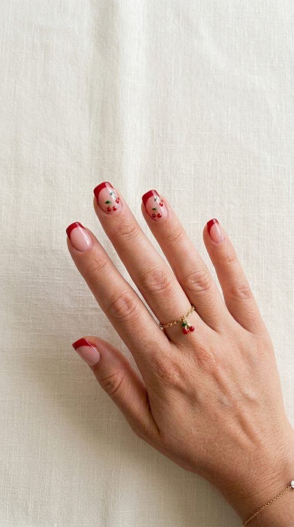 Short squoval nails with cherry accents and red French tips