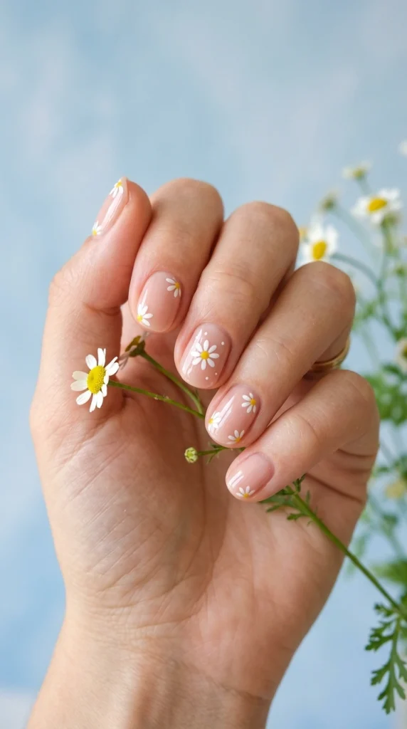 Short rounded nails with minimalist daisy accents on a glossy nude-pink base for a fresh summer manicure.
