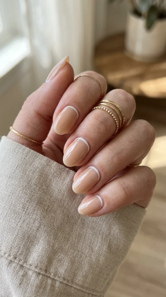Short squoval nails featuring a minimalist reverse French manicure with a thin cuticle accent.