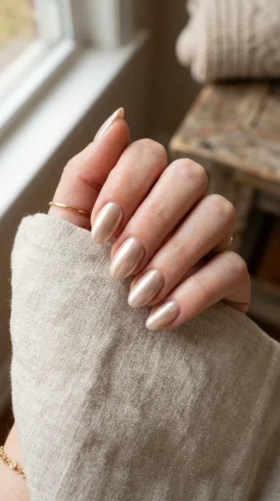 Short almond nails with a muted champagne chrome finish photographed above a reflective glass surface.