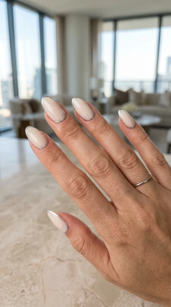 Creamy oyster white almond nails with thin silver chrome outlines in a modern luxury setting.