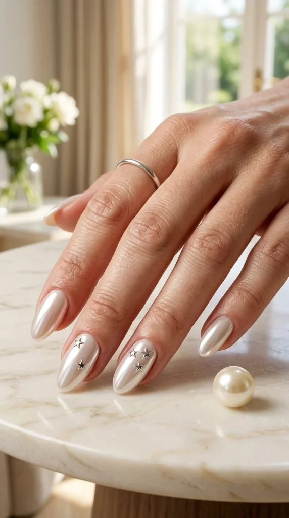 Pearl chrome almond nails with tiny silver stars for an elegant and classy patriotic manicure in 2026.