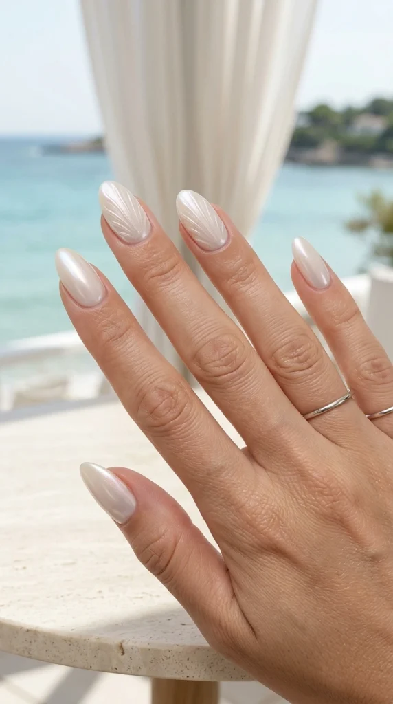 Pearl seashell almond nails with a soft iridescent finish for a luxurious coastal summer manicure.