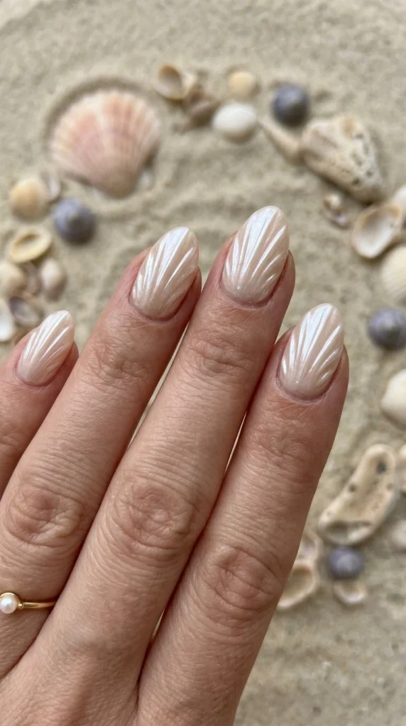 Short almond nails with seashell-inspired texture and a luminous pearlized finish.