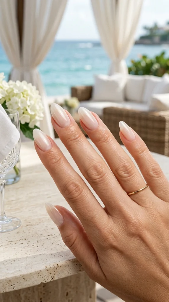 Milky pearl soap almond nails with a glossy clean-girl finish in a luxury coastal summer setting.
