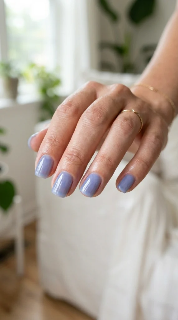 Short squoval nails with glossy periwinkle jelly polish and a translucent glass-like appearance.