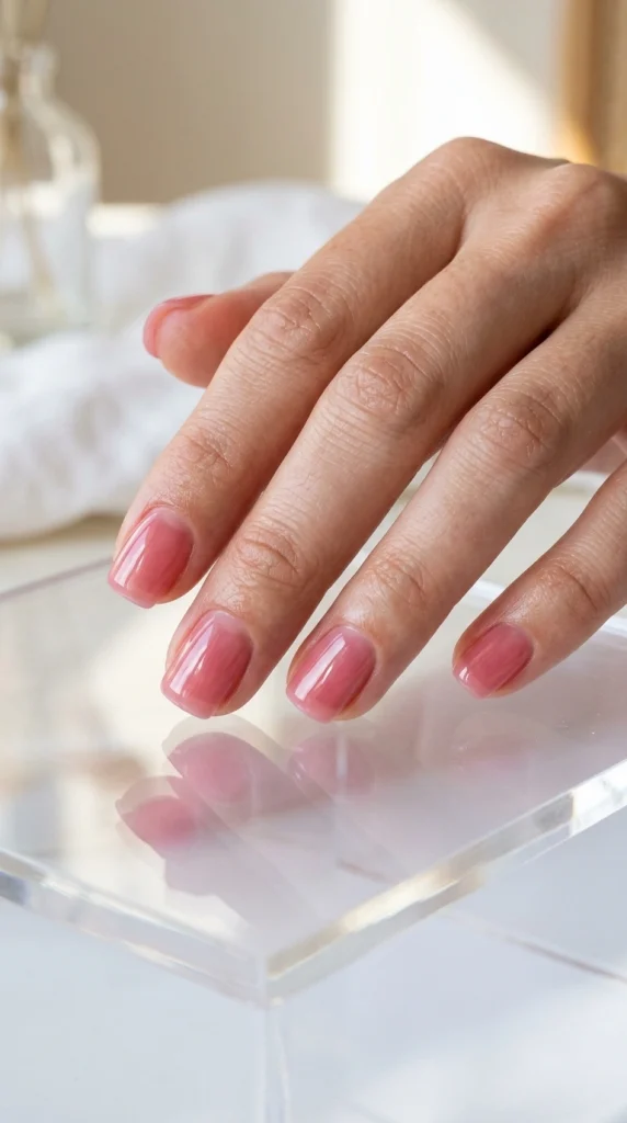 Short squoval pink jelly nails with a translucent glass-like finish and watery shine.